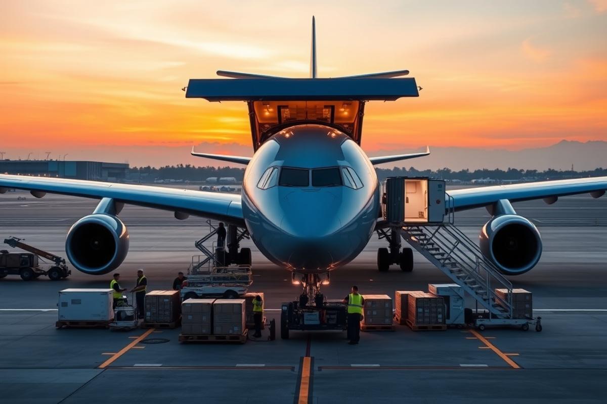 Cargo plane being loaded with air freight pallets on a Kuala Lumpur airport tarmac at dusk