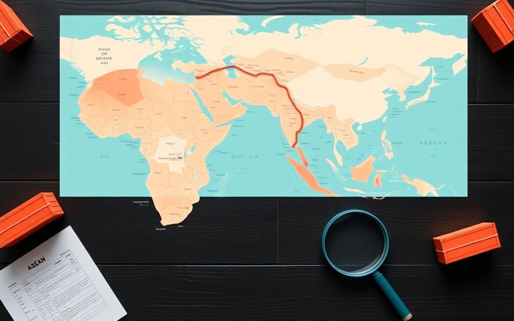 Flat lay of a Southeast Asia map with miniature shipping containers and freight documents