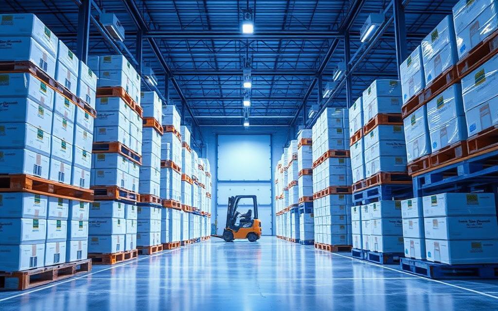 Refrigerated cold-chain warehouse interior with blue lighting and stacked pallets