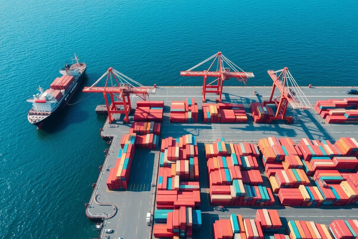 Aerial view of a container terminal with stacked intermodal containers and gantry cranes