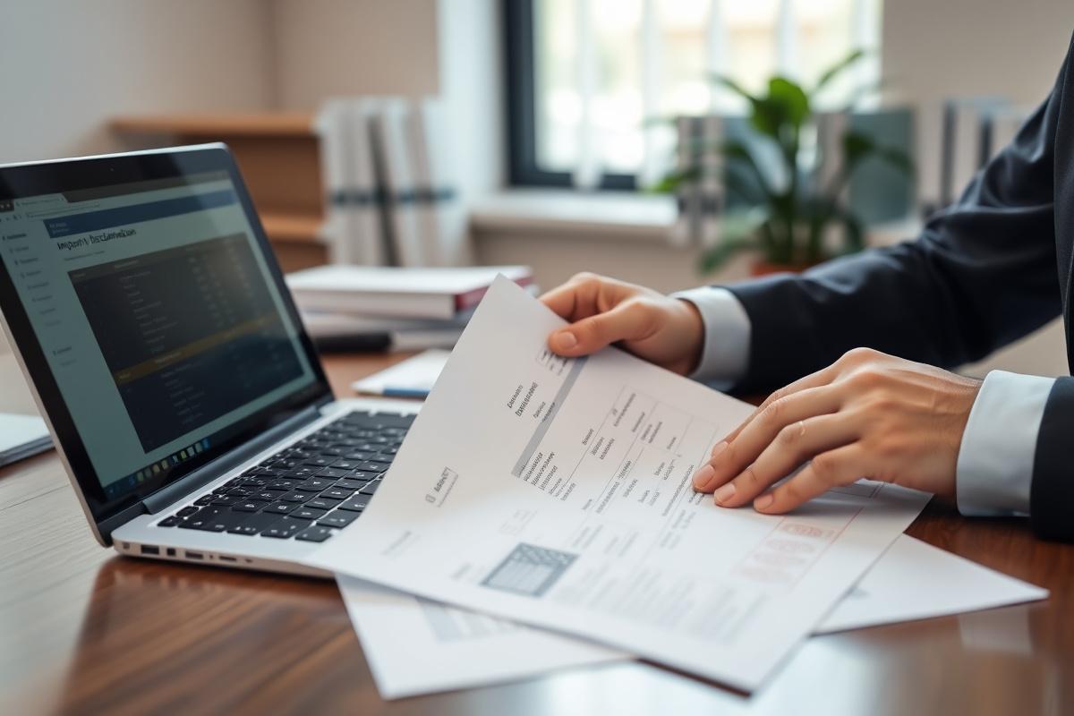 Customs broker reviewing import declaration paperwork at a desk with a laptop showing shipping data