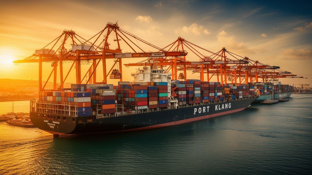 Container terminal at Port Klang with gantry cranes loading a cargo ship at sunset