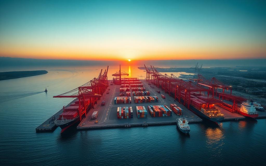 Aerial view of a Southeast Asian container port at dawn