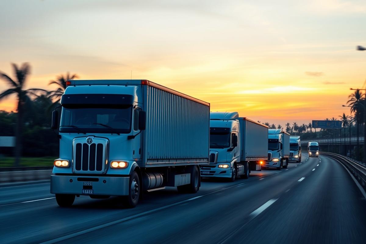 Fleet of white prime movers with shipping containers on a Malaysian highway at dusk