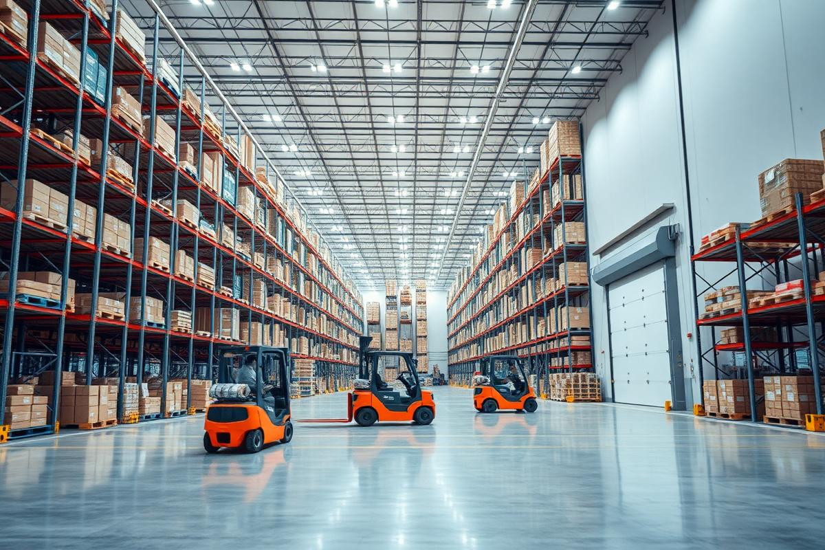 Interior of an automated distribution warehouse with pallet racking and a forklift